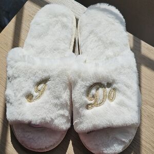 White Plush Open-Toe Slippers Gold Accent "I Do".Wedding Bridesmaids, Honeymoon